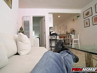 She takes my young dick deep in her warm pussy from behind in bedroom, big ass blonde milf orgasms hard.