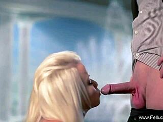 Jazzy blonde delivers an awesome CFNM blowjob with handjob sucking and a brunette cumshot swallow moment.