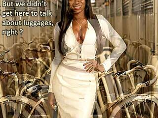 She rides in leather outfit on the train while getting caught in public doggystyle action.