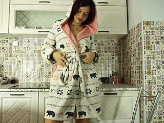 Naughty Brunette Milf Enjoys Cute Solo Masturbation in Kitchen with Moans!