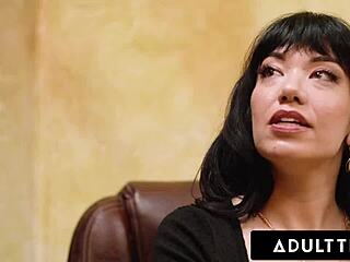 Feeling so horny as Gal Ritchie scissors her lesbian boss Little Puck after sending nudes by mistake leading to squirting climax