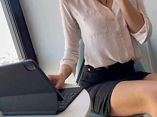 The WHORE SECRETARY offered SEX to the WAITER. She gave BLOWJOB and got CUMSHOT on her BIG TITS.