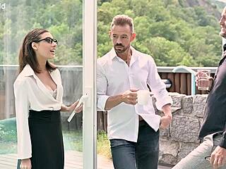 Insatiable language teacher Emily Pink takes a double penetration drilling from mature students in bedroom lingerie scene.