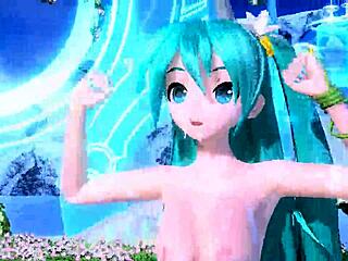 is hatsune miku in this love song project diva nude mod showing full nude with her big ass and tits like a goddess?