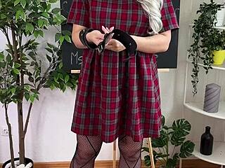 sexual wellness with handcuffs for mature blonde in lingerie and heels during solo fetish play