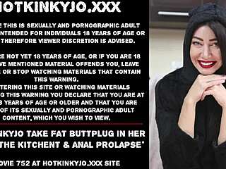 HotKinkyJo takes fat buttplug in ass with prolapse in kitchen