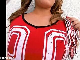 Febby Twigs, the cute cheerleader, gives a huge cock POV blowjob. She swallows cum eagerly.