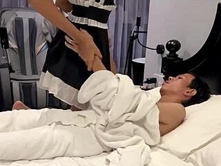 Asian Maid Performs Blowjob on Shaved Teen Babe with Moaning and Cum Covered Face