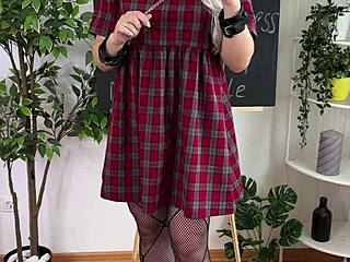 sexual wellness with handcuffs for mature blonde in lingerie and heels during solo fetish play