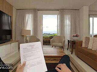 Busty Brazilian shemale bangs stepson bareback with deep blowjob and cum