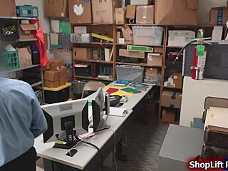 Redhead thief questioned by lp officer in office setting