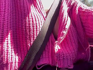 Italian horny big tits milf artemisia love flashes her juicy tits while driving around in car