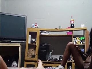 Wife skips cleaning to suck my cock instead with petite black bbw body and saggy tits in homemade interracial scene