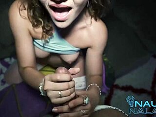 Curly cute babe gives handjob leading to facial cumshot with dirty talk