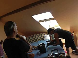 big dick blowjob threesome party with school uniform skirts and stockings on high heels backstage