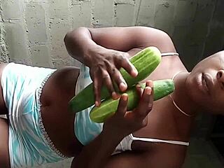 Local African Teen Teases Pussy with Cucumber Rip Clothes