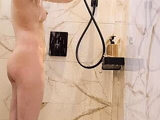 check out this black hair japanese girl bathing softly