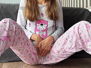 Skinny Pajama Babe Fingers Shaved Pussy Closeup Till She Squirts Orgasm?