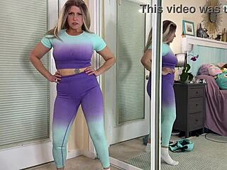 Sexy milf tries on tight gym workout clothes in bedroom haul with big natural tits and curvy ass.