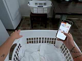 redhead teen glasses bends for stepbro fuck during laundry spooning blowjob