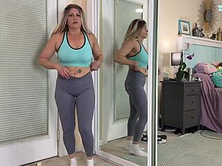 Sexy milf tries on tight gym workout clothes in bedroom haul with big natural tits and curvy ass.