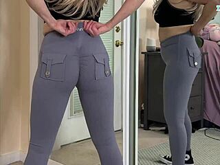 Sexy milf tries on tight gym workout clothes in bedroom haul with big natural tits and curvy ass.