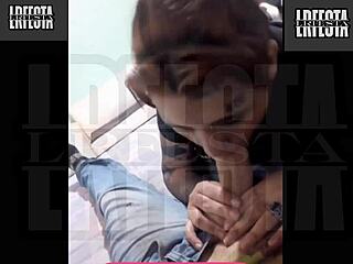 Argentinian couple with big tits and monster cock in party blowjob