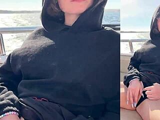 Skinny babe with big ass tits rides monster cock on yacht creampie outdoor public romp