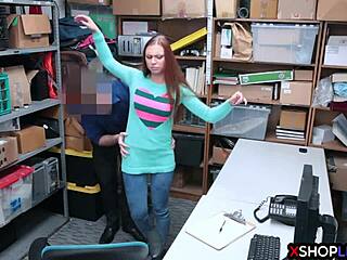 Redhead Thief Teen's Big Ass Tits Bounced Rough by Mall Cop's Monster Cock in Garage