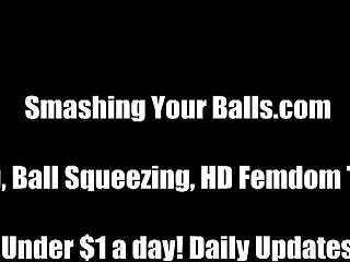 two milf mistresses crush slave balls in femdom kick fest