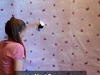 Gloryhole Blowjob Through Walls! Homemade Facial Cumshot on Tanned Skinny Neighbor Girl