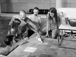 3 Studs DP Dellai Eveline and Dellai Silvia Poolside with Ass to Mouth