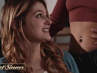 ginger hottie rides professor's monster cock doggystyle then takes cum all over shaved pussy on his bed