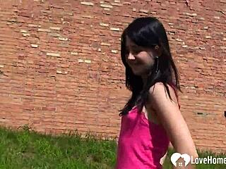 BABE FLASHES SMALL TITS AND PUSSY OUTDOORS!