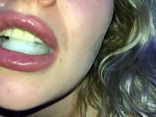 Hot blonde deepthroats cock during movie night fun.