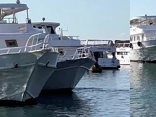 Skinny babe with big ass tits rides monster cock on yacht creampie outdoor public romp