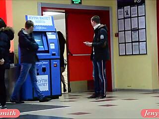 Skinny girl flashes panties undresses upskirt on movie theater stairs caught public