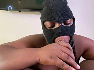 Chubby ebony roommate slurps black cock forever before anal ride