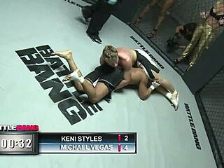 A milf with big tits and shaved pussy has sex inside an MMA fighting ring