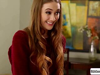 lesbian teen flirts then facesits her big tits stepmom's hairy pussy