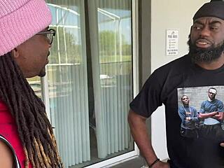 Stepdad and his buddy bend teen over for ebony double team with big black cocks