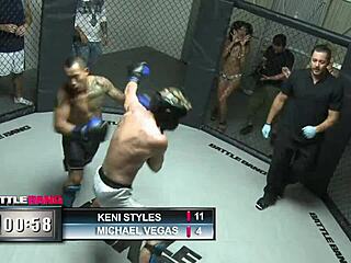 A milf with big tits and shaved pussy has sex inside an MMA fighting ring