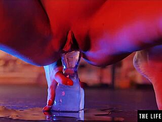 petite brunette fucks tight asshole with huge ice dildo closeup