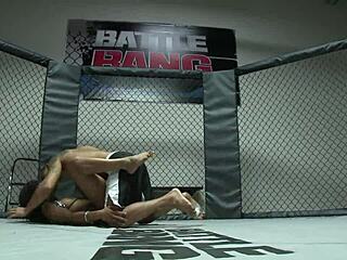 A milf with big tits and shaved pussy has sex inside an MMA fighting ring