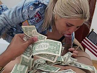 Blonde fuck doll licks and sucks old man for cash skies high