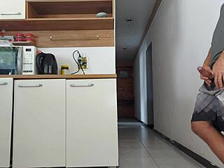 Risky Kitchen Fuck With Hubby's Friend While He Showers Bareback Creampie Close Call