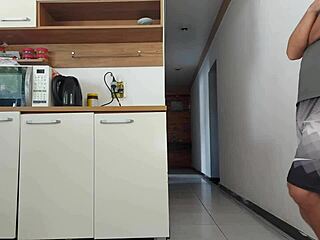 Risky Kitchen Fuck With Hubby's Friend While He Showers Bareback Creampie Close Call