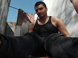 sexy bodybuilder strokes massive cock outdoors in hot jerkoff