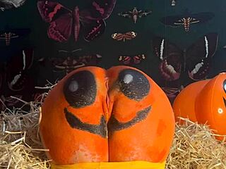 A horny teen bends over in the Halloween pumpkin patch for double creampie doggystyle