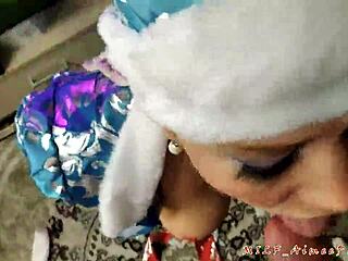 Mature wife rides cock cowgirl close-up then takes santa cumshot on face with hubby jokes